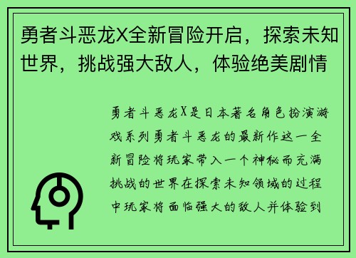 勇者斗恶龙X全新冒险开启，探索未知世界，挑战强大敌人，体验绝美剧情与极限战斗