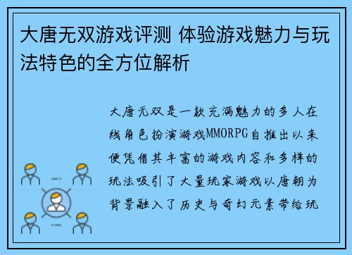 大唐无双游戏评测 体验游戏魅力与玩法特色的全方位解析